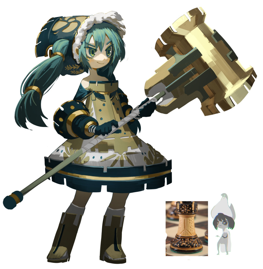 1girl :| absurdres aqua_eyes aqua_hair bangs bare_shoulders black_eyes black_hair blush boots cape chess_piece chessboard closed_mouth colored_skin commentary contrapposto dress english_commentary eyebrows_visible_through_hair fur_trim hair_between_eyes hammer hat hatsune_miku highres holding holding_weapon long_hair multicolored multicolored_eyes reference_photo_inset rook_(chess) short_hair sidelocks simple_background smile socks standing tied_hair topdylan tsurime twintails very_long_hair vocaloid weapon white_background white_legwear white_skin yellow_eyes yellow_footwear