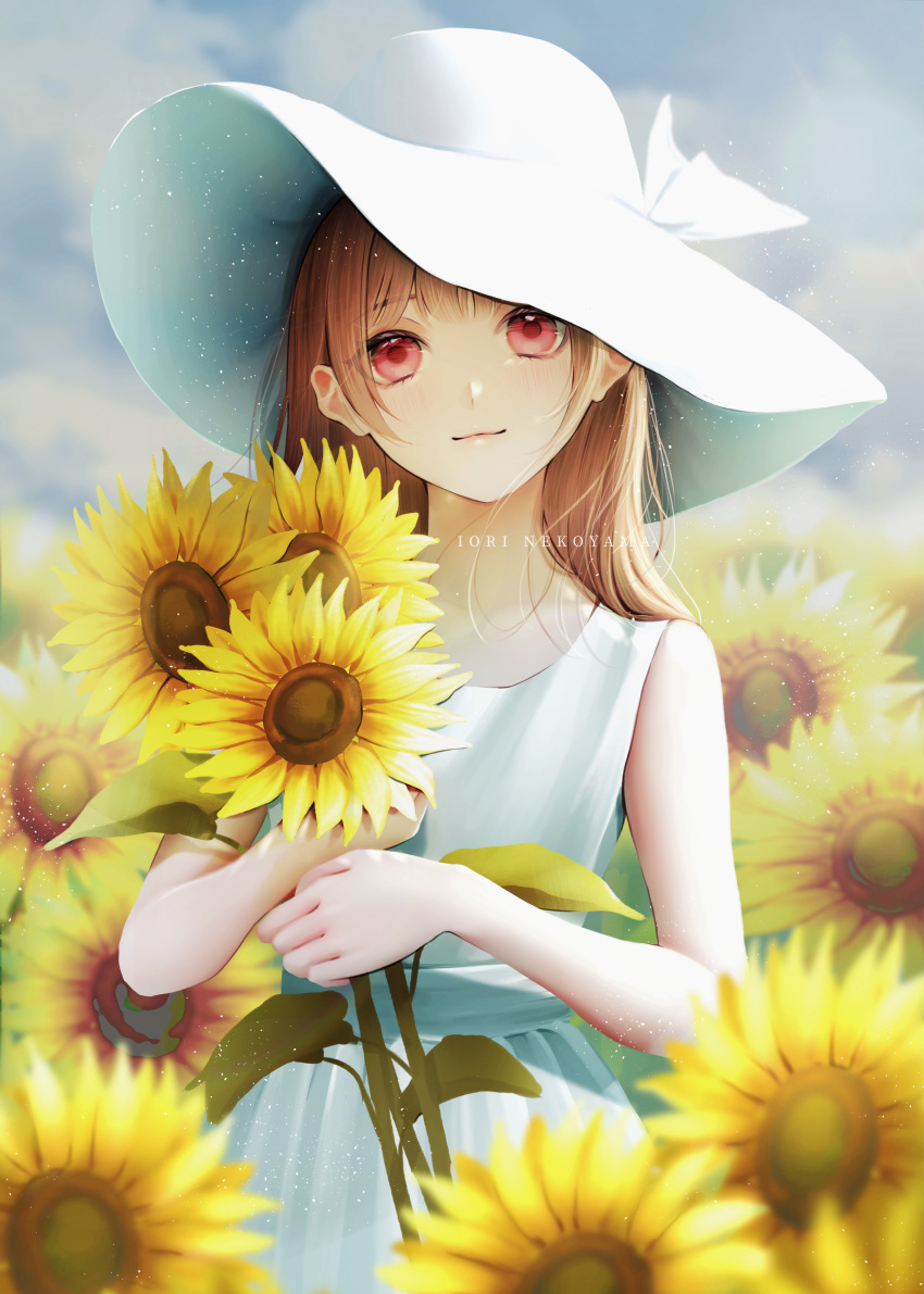 1girl absurdres bangs bare_shoulders blurry blurry_background blush brown_hair closed_mouth clouds dress field flower flower_field hat head_tilt highres holding holding_flower long_hair looking_at_viewer nekoyama_iori original outdoors red_eyes signature sky sleeveless sleeveless_dress solo summer sun_hat sundress sunflower white_dress white_headwear yellow_flower