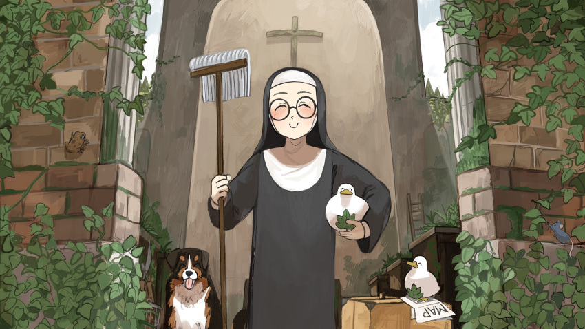 1girl ^_^ animal_on_hand bird bird_on_hand birdcage blush brick_wall cage catholic chicken church closed_eyes commentary cross crucifix diva_(hyxpk) dog duck english_commentary fig_leaf frog glasses grass habit hedge_clippers highres holding holding_mop little_nuns_(diva) map mop mother_superior_(diva) mouse nun outdoors pew pillar plant ruins smile suitcase vines younger