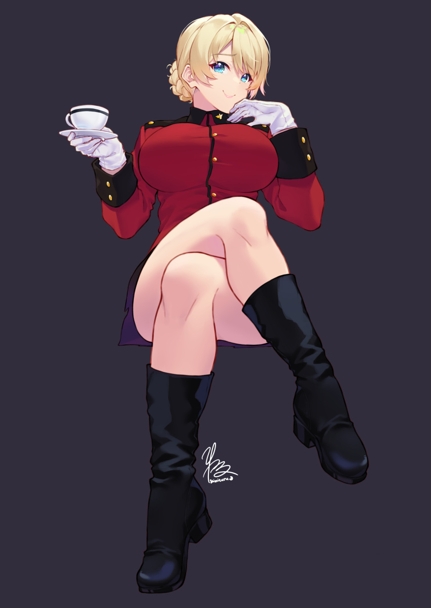absurdres bangs blonde_hair blue_eyes boots braid breasts crossed_legs cup darjeeling_(girls_und_panzer) french_braid girls_und_panzer gloves highres impossible_clothes invisible_chair kimi_tsuru large_breasts lips saucer sitting skirt smile st._gloriana's_military_uniform teacup white_gloves