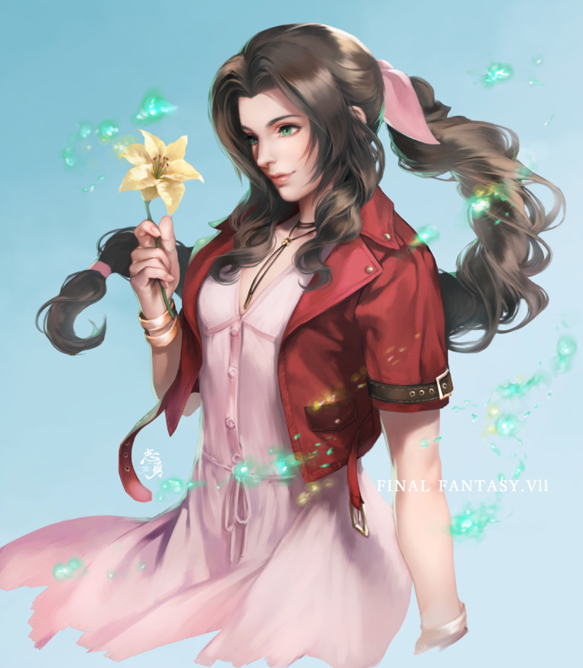 1girl absurdres aerith_gainsborough artist_name bracelet brown_hair copyright_name cropped_jacket dress final_fantasy final_fantasy_vii flower gradient gradient_background green_eyes hand_up highres holding holding_flower jacket jewelry lanyard leather leather_jacket light_particles light_smile lips long_hair looking_away low-tied_long_hair nose open_clothes open_jacket orchid parted_hair pink_dress ponytail realistic red_jacket shiyuu_(shiyu) short_sleeves sidelocks signature solo upper_body