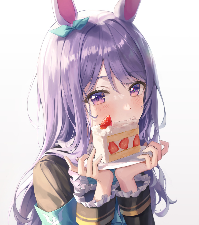 1girl absurdres aimbek animal_ears aqua_ribbon blush cake commentary_request ear_ribbon eyebrows_visible_through_hair food gradient gradient_background grey_background highres horse_ears horse_girl lkr looking_at_viewer mejiro_mcqueen_(umamusume) purple_hair ribbon solo umamusume upper_body violet_eyes white_background work_in_progress