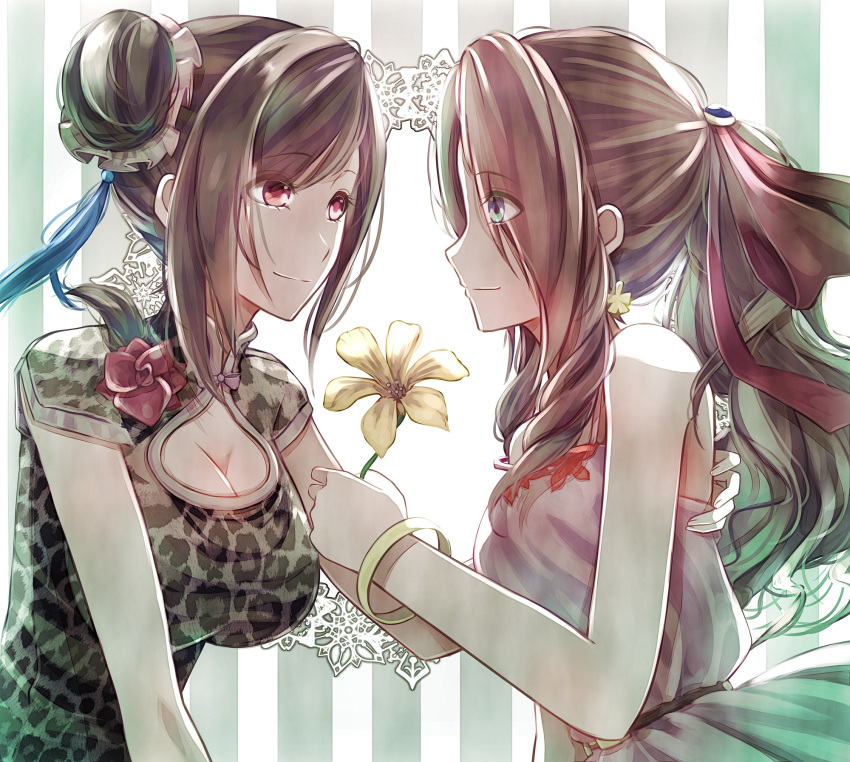 2girls aerith_gainsborough alternate_hairstyle animal_print bangs blue_eyes breasts cleavage_cutout closed_mouth clothing_cutout eye_contact eyebrows_visible_through_hair eyes_visible_through_hair final_fantasy final_fantasy_vii final_fantasy_vii_remake fingernails flower hair_bun hair_ribbon hand_on_another's_back high_collar highres holding holding_flower large_breasts leopard_print long_hair looking_at_another medium_breasts mirrorclew multiple_girls red_eyes ribbon short_sleeves sleeveless swept_bangs tifa_lockhart tifa_lockhart's_sporty_dress upper_body yuri