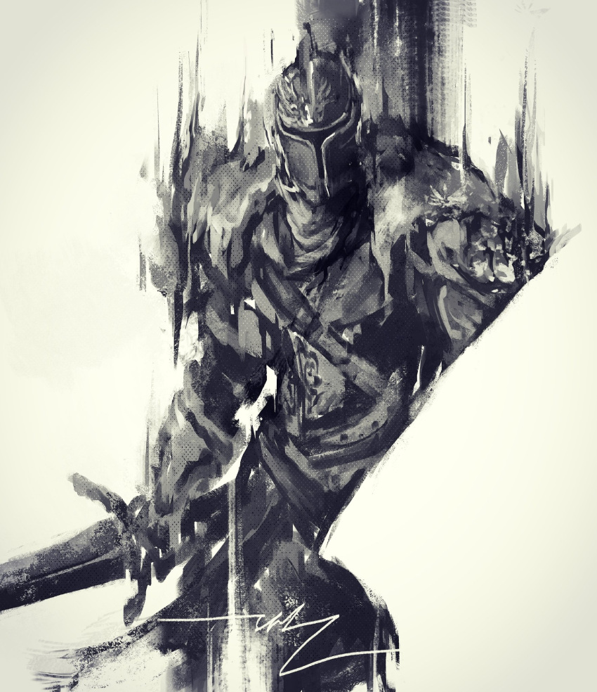 1other armor bearer_of_the_curse dark_souls_ii facing_viewer full_armor grey_background greyscale helmet highres holding holding_sword holding_weapon monochrome pauldrons shimhaq shoulder_armor signature simple_background solo souls_(series) standing sword weapon