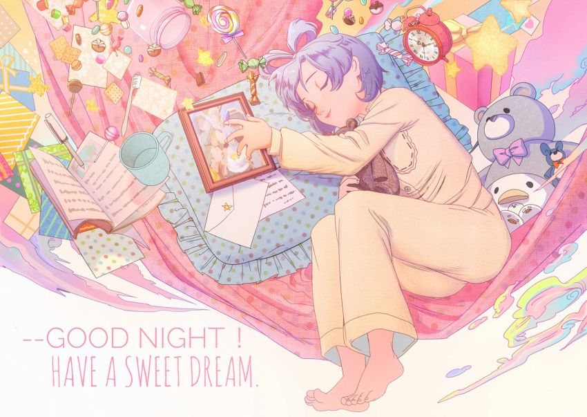 1girl alarm_clock apize blue_hair book box candy clock closed_eyes cracker cup english_text food full_body gift gift_box hair_rings highres jar lollipop luo_tianyi lying mug on_side pajamas pen photo_(object) pillow polka_dot smile stuffed_animal stuffed_toy teddy_bear toothbrush vocaloid vsinger