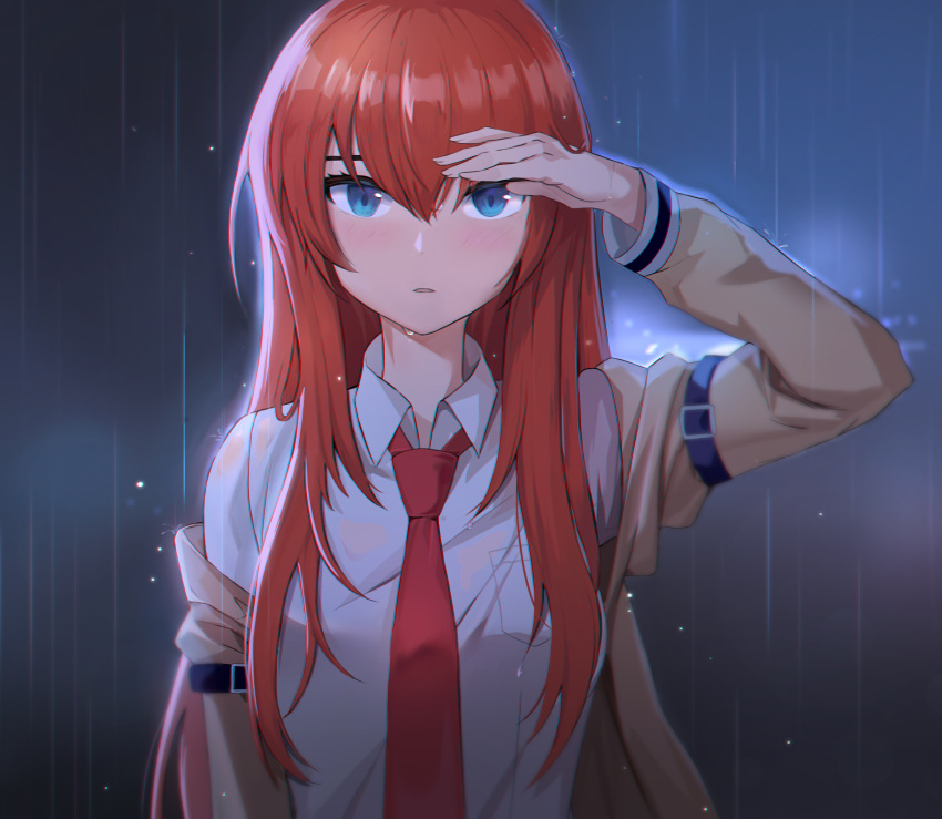 1girl bangs blue_eyes blush brown_coat coat collared_shirt hair_between_eyes highres long_hair long_sleeves looking_at_viewer makise_kurisu necktie outdoors parted_lips rain red_neckwear redhead rjh5820 shiny shiny_hair shirt solo steins;gate straight_hair upper_body very_long_hair wet wet_clothes wet_shirt white_shirt wing_collar