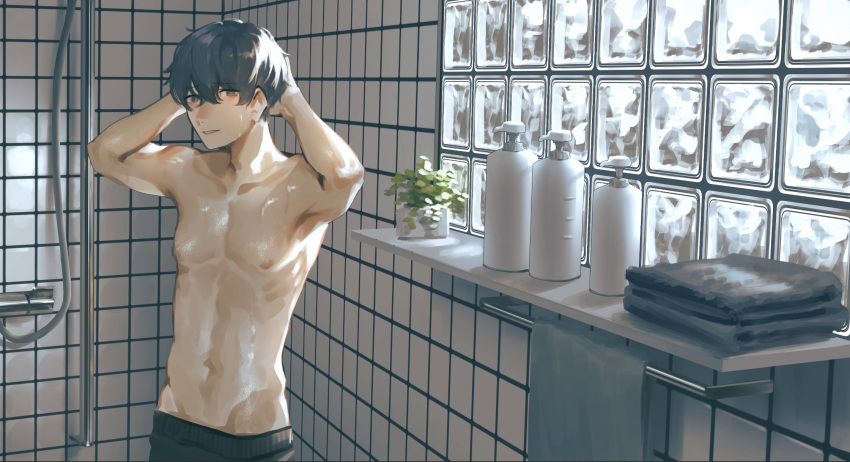 1boy bangs brown_eyes brown_hair collarbone commentary_request eyebrows_visible_through_hair hair_between_eyes hands_up highres ishida_(segu_ishida) male_focus original parted_lips plant potted_plant shampoo_bottle shirtless short_hair showering solo tile_wall tiles toned toned_male towel upper_body very_short_hair wet window