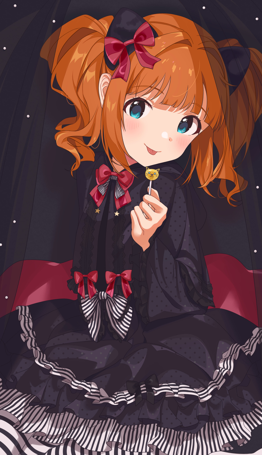 1girl :p absurdres animal_ears black_dress blue_eyes blush bow bowtie candy cat_ears closed_mouth dress fake_animal_ears food hand_up highres holding holding_candy holding_food holding_lollipop idolmaster idolmaster_(classic) idolmaster_million_live! idolmaster_million_live!_theater_days inuyama_nanami lollipop long_sleeves looking_at_viewer medium_hair orange_hair pantyhose polka_dot polka_dot_dress red_bow red_neckwear smile solo striped striped_bow striped_legwear takatsuki_yayoi tongue tongue_out twintails white_bow