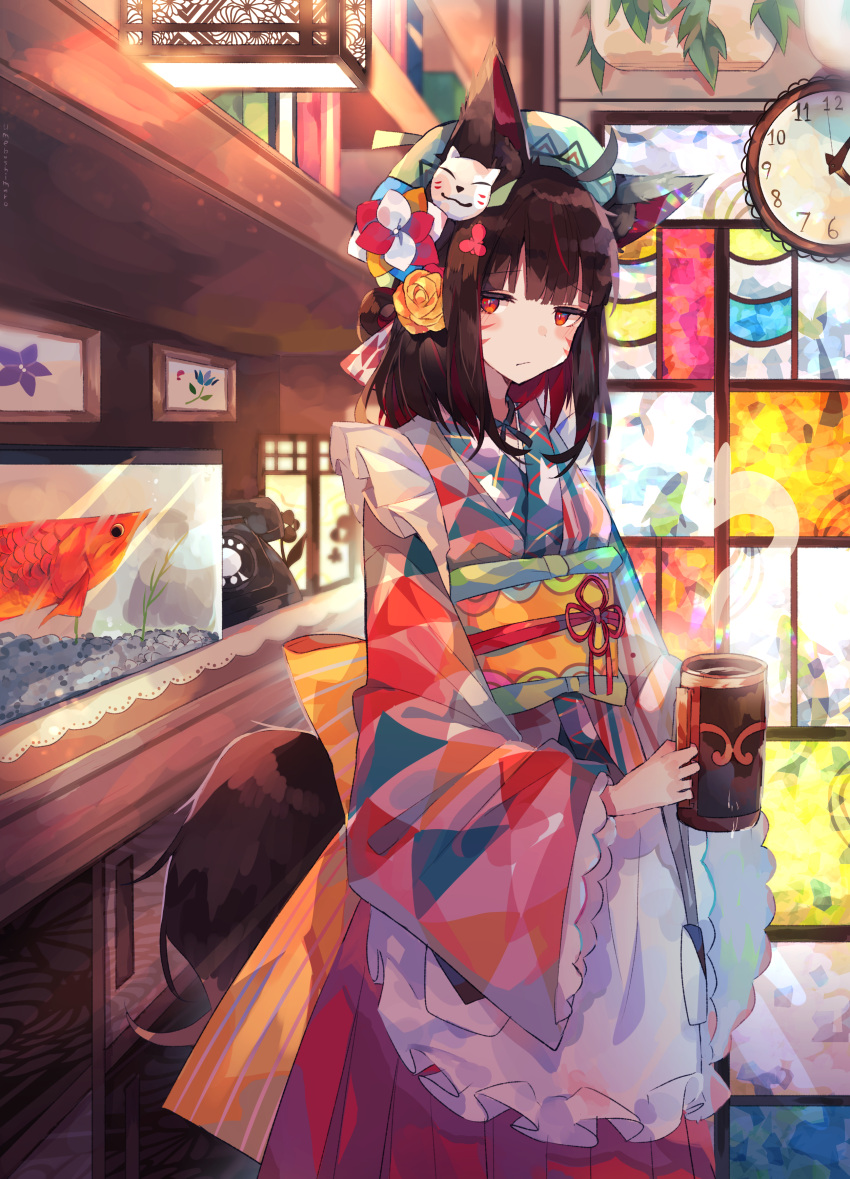 1girl absurdres ahoge animal_ear_fluff animal_ears apron aqua_kimono aquarium bangs beret blunt_bangs brown_hair brown_tail cabinet clock closed_mouth commentary cup eyebrows_visible_through_hair facial_mark flower fox_ears fox_girl fox_mask fox_tail frilled_apron frills hair_flower hair_ornament hakama hat highres holding holding_cup indoors japanese_clothes jitome kimono lantern long_sleeves looking_at_viewer mask mask_on_head multicolored multicolored_clothes multicolored_flower multicolored_hair multicolored_kimono obi orange_kimono original phone picture_(object) pink_kimono plant print_kimono red_eyes red_flower red_hakama red_kimono rose rotary_phone sash shelf solo stained_glass standing steam streaked_hair tail triangle_print twitter_username umemaro_(siona0908) wa_maid waist_apron wall_clock whisker_markings wide_sleeves yellow_flower yellow_rose yellow_sash