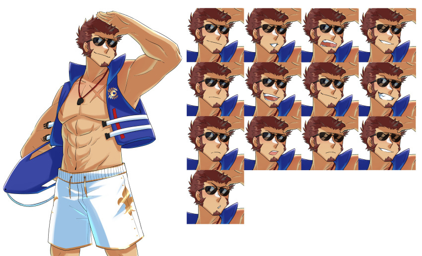 1boy :o abs absurdres alternate_costume bare_pectorals blue_eyes blush brown_hair closed_eyes closed_mouth cropped_jacket embarrassed expressions facial_hair fate/grand_order fate_(series) feet_out_of_frame goatee highres holding holding_surfboard long_sideburns looking_at_viewer male_focus male_swimwear muscular muscular_male napoleon_bonaparte_(fate) navel nipples no_nipples one_eye_closed pectorals salute scar scar_on_chest short_hair sideburns sleeveless smile smug stomach surfboard swim_trunks vincent-san white_background white_male_swimwear