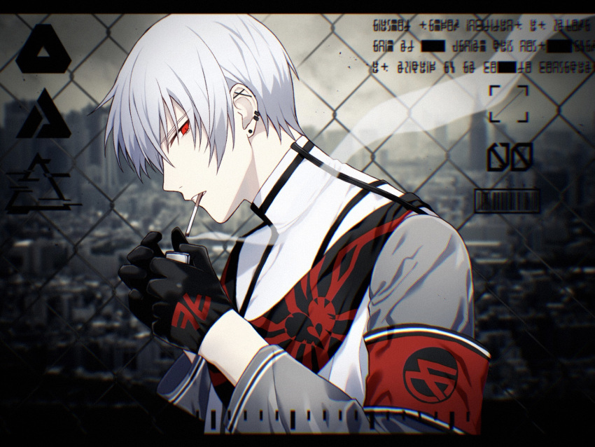 1boy armband black_gloves chain-link_fence cigarette commentary earrings fence from_side general_(module) gloves harudou_(otiak) highres holding_lighter jewelry kaito_(vocaloid) logo looking_at_viewer male_focus project_diva_(series) red_eyes sideways_glance smoke smoking solo unhappy_refrain_(vocaloid) uniform upper_body vocaloid white_hair