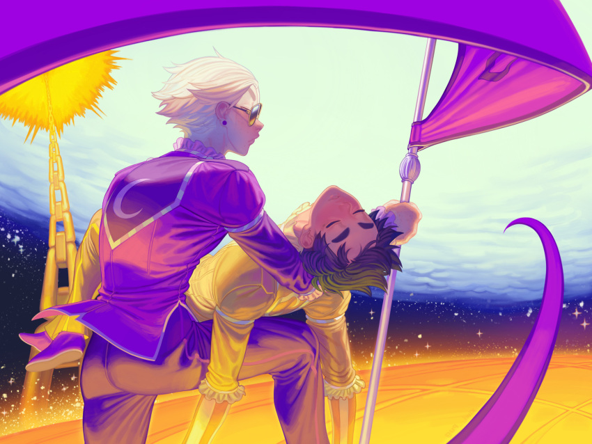 2boys black_hair blonde_hair carrying chain closed_eyes commentary dave_strider earrings english_commentary flag highres homestuck jewelry john_egbert kneeling long_sleeves multiple_boys outdoors pajamas pants princess_carry purple_pants purple_shirt shirt shoes short_hair stud_earrings sunglasses thetrashbinoverthere thick_eyebrows yellow_pants yellow_shirt