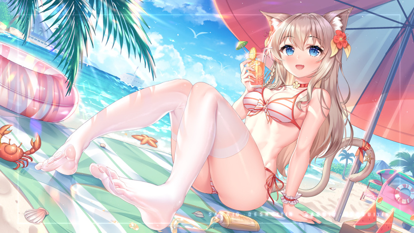 1girl animal_ear_fluff animal_ears bangs beach beach_towel beach_umbrella bikini blue_eyes blush brown_hair cat_ears cat_girl cat_tail chinese_commentary choker commentary_request copyright_request crab cup day eyebrows_visible_through_hair feet flower food fruit full_body hair_between_eyes hair_flower hair_ornament halter_top halterneck holding holding_cup innertube knees_up long_hair lotion_bottle no_shoes open_mouth outdoors palm_leaf red_choker red_flower red_ribbon ribbon sannio side-tie_bikini sitting smile soles solo striped striped_bikini swimsuit tail tail_ornament tail_raised tail_ribbon thigh-highs toes towel tropical_drink umbrella virtual_youtuber watermelon watermelon_slice white_legwear