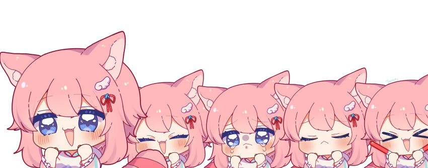 0725akaba 1girl alicia_cotton animal_ear_fluff animal_ears bangs blue_eyes cat_girl chibi closed_eyes closed_mouth crying eyebrows_visible_through_hair fang hair_between_eyes hair_ornament highres indie_virtual_youtuber light_stick open_mouth pink_hair short_hair short_ponytail virtual_youtuber white_background