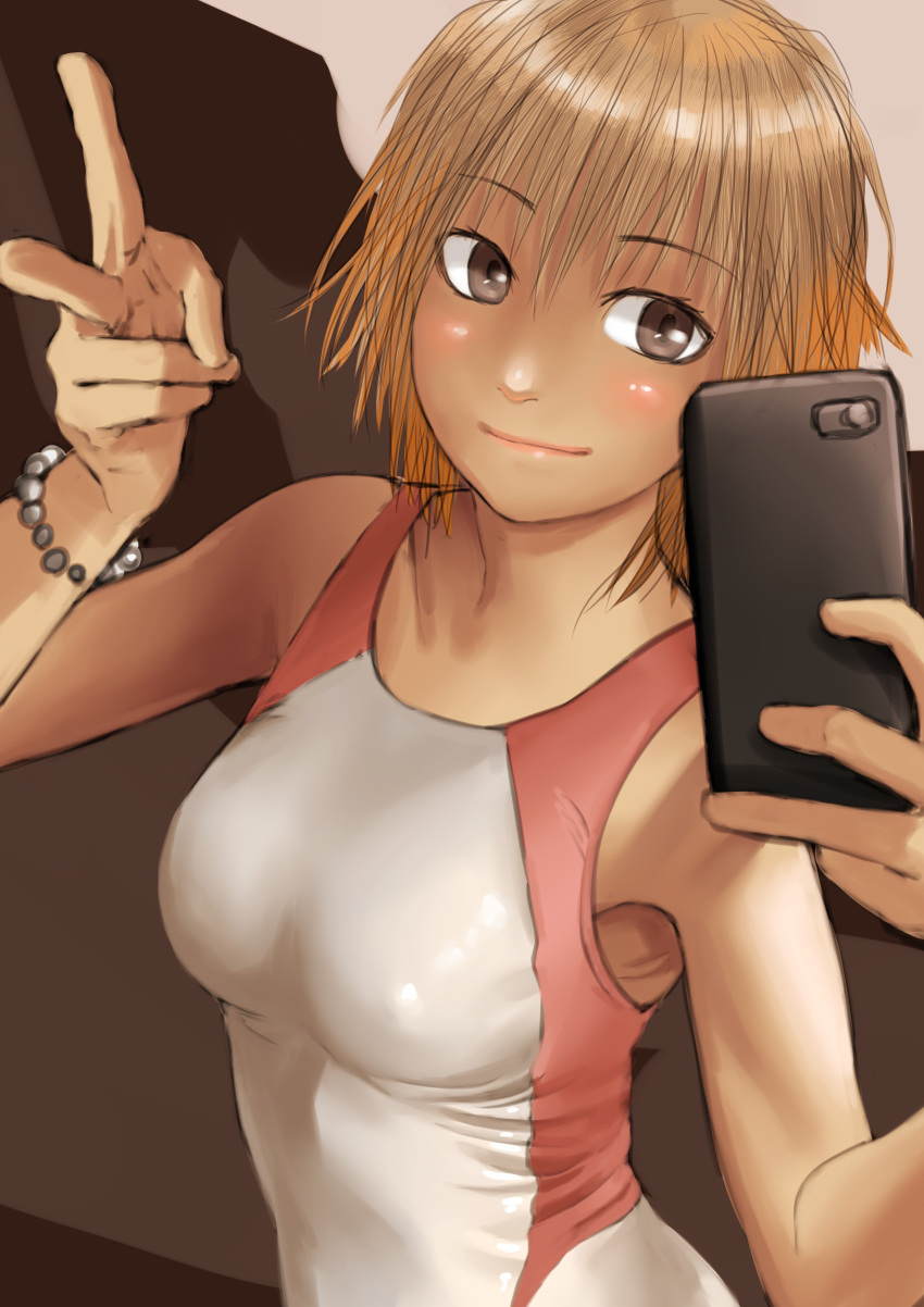 1girl absurdres bead_bracelet beads blonde_hair blush bracelet breasts brown_eyes cellphone closed_mouth competition_swimsuit eyebrows_visible_through_hair hands_up highres holding holding_phone jewelry kilye_kairi looking_at_viewer medium_breasts one-piece_swimsuit original phone smartphone smile solo swimsuit v