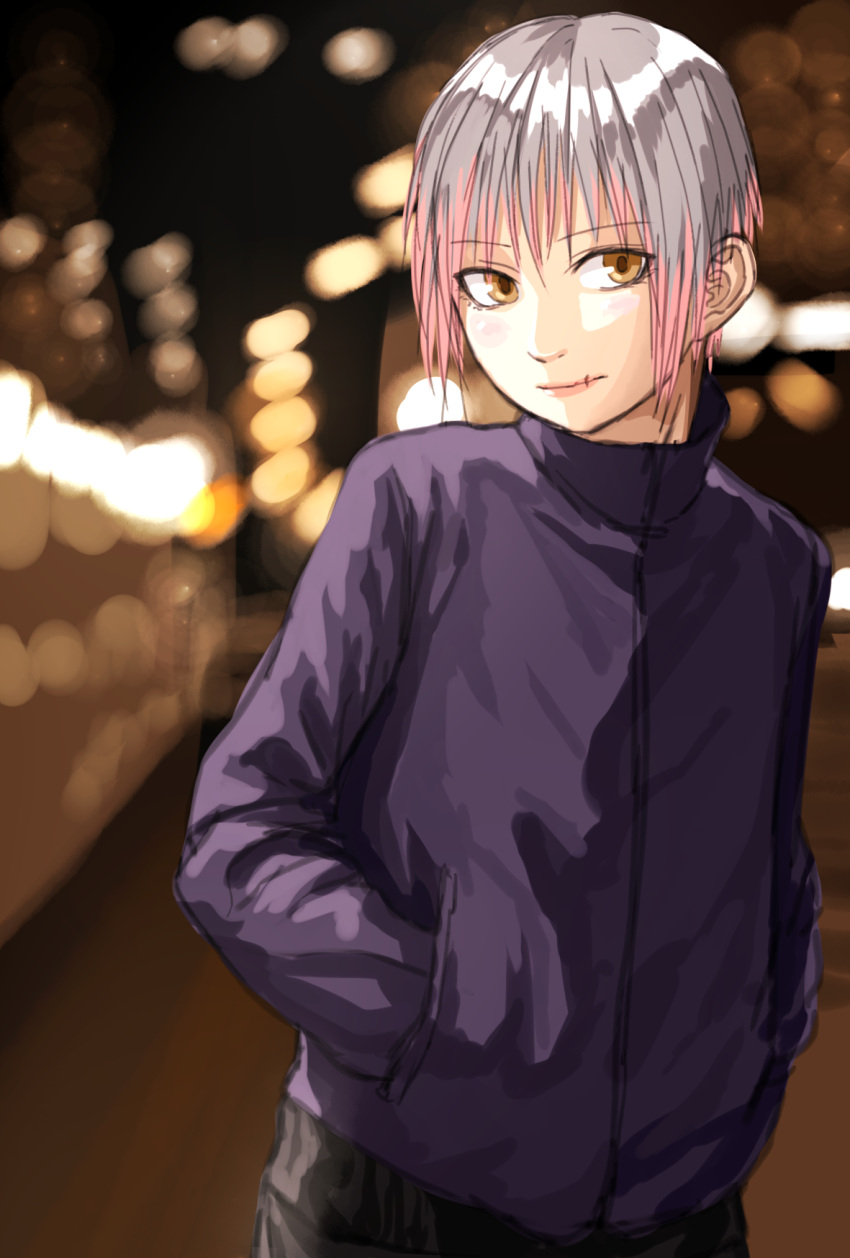 1girl black_shirt blurry blurry_background brown_background brown_eyes closed_mouth cowboy_shot depth_of_field grey_hair highres jacket kilye_kairi long_sleeves looking_at_viewer multicolored_hair original outdoors pink_hair purple_jacket scar_on_mouth shirt short_hair smile solo standing two-tone_hair