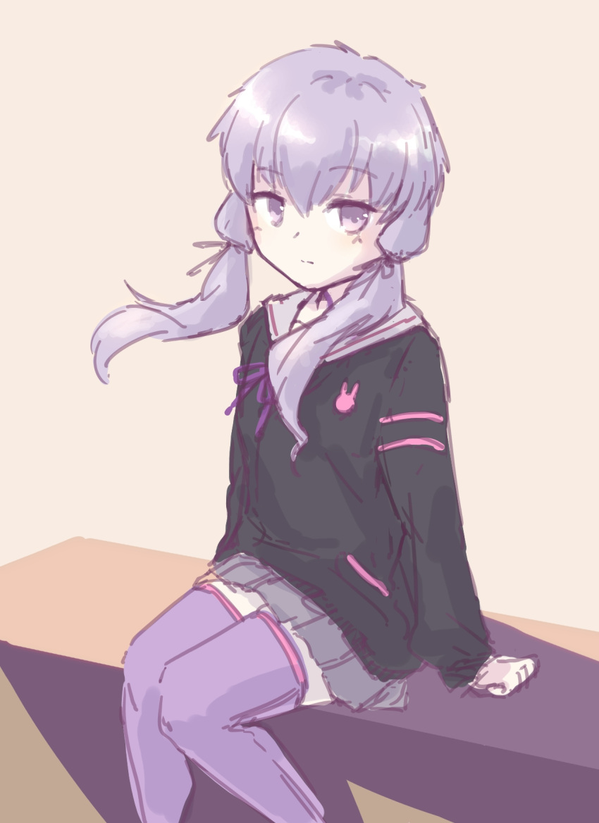 1girl animal_print black_jacket bunny_print commentary expressionless highres jacket looking_to_the_side pty purple_hair purple_legwear sidelocks sitting sketch solo thigh-highs violet_eyes vocaloid voiceroid yuzuki_yukari