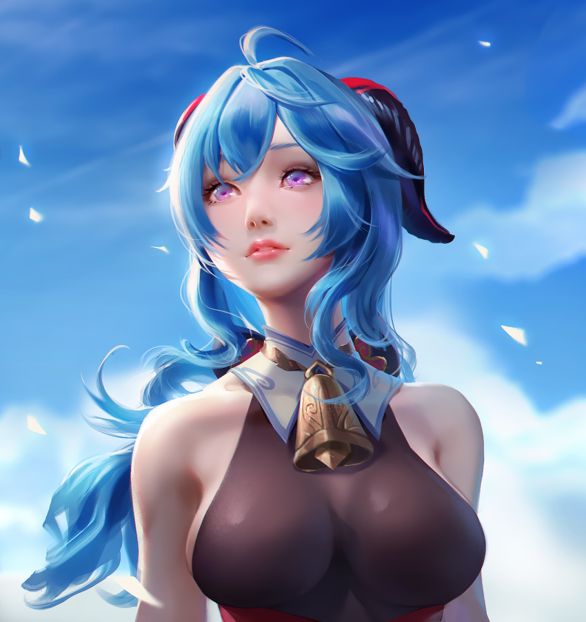 1girl bangs bell black_bodysuit blue_hair blue_sky blurry bodysuit clouds cloudy_sky commentary_request depth_of_field eyebrows_visible_through_hair ganyu_(genshin_impact) genshin_impact highres horns lalazyt long_hair looking_away looking_up low_ponytail neck_bell parted_lips realistic sidelocks sky solo violet_eyes wind