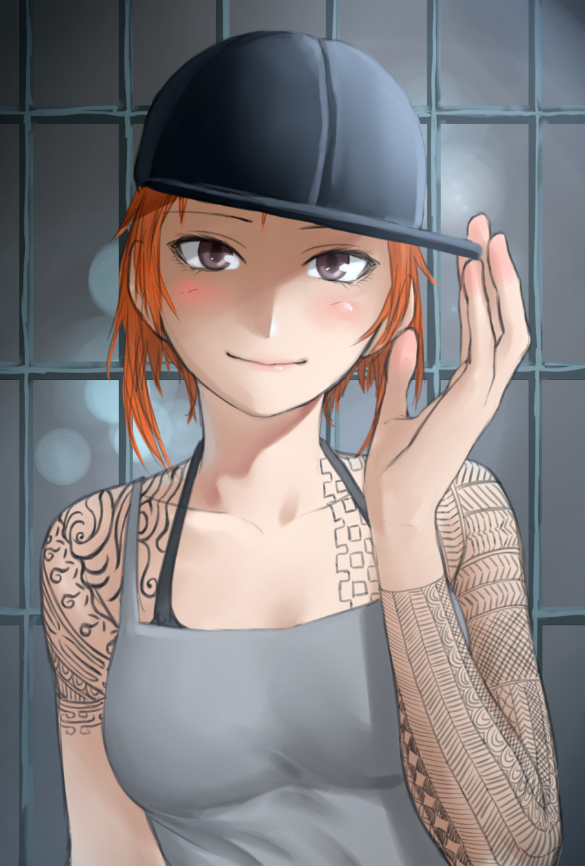 1girl arm_tattoo baseball_cap black_bra black_headwear bra bra_strap brown_eyes closed_mouth grey_camisole hand_on_headwear hat highres kilye_kairi looking_at_viewer orange_hair original short_hair shoulder_tattoo sideways_hat smile solo tattoo underwear upper_body