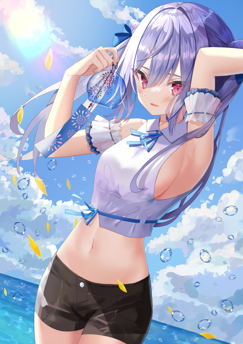 1girl absurdres arm_garter armpits arms_up bare_shoulders black_shorts blue_sky breasts clouds collared_shirt cowboy_shot crop_top day hair_ribbon highres holding long_hair looking_at_viewer medium_breasts midriff navel neck_ribbon ocean original outdoors parted_lips purple_hair red_eyes ribbon shirt short_shorts shorts sideboob sinobi_illust sky sleeveless sleeveless_shirt smile solo stomach sunlight twintails white_shirt wind_chime