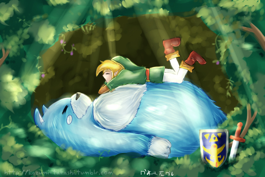 1boy belt blonde_hair brown_footwear closed_eyes day derivative_work flower forest green_headwear kazumi-takashi link lying moosh nature on_back on_stomach outdoors parody planted planted_sword screencap_redraw shield sleeping sunlight sword the_legend_of_zelda the_legend_of_zelda:_oracle_of_ages the_legend_of_zelda:_oracle_of_seasons tonari_no_totoro tunic watermark weapon web_address