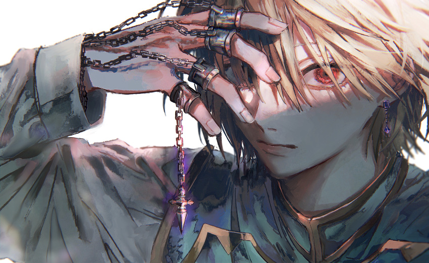 1boy absurdres bangs blonde_hair blue_eyes chain closed_mouth commentary earrings expressionless fingernails hair_over_one_eye hand_up heterochromia highres huge_filesize hunter_x_hunter jewelry kurapika long_sleeves looking_at_viewer male_focus multiple_rings orokudesu portrait red_eyes ring short_hair simple_background solo tabard white_background