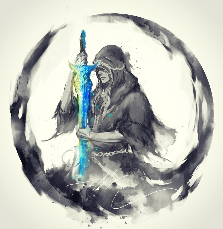 1boy closed_mouth dark_souls_iii highres holding holding_sword holding_weapon hood hood_up lothric_(younger_prince) male_focus robe shimhaq solo souls_(series) sword weapon