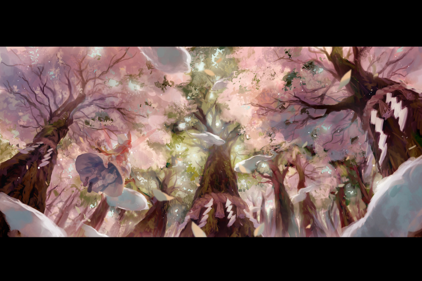 1girl absurdres blonde_hair bloomers cherry_blossoms chinese_commentary commentary_request cui_(jidanhaidaitang) day dress fairy_wings falling_leaves flying forest highres hitodama leaf letterboxed lily_white long_hair long_sleeves nature outdoors rope shide shimenawa shoes touhou tree underwear upskirt white_dress white_headwear wide_sleeves wings