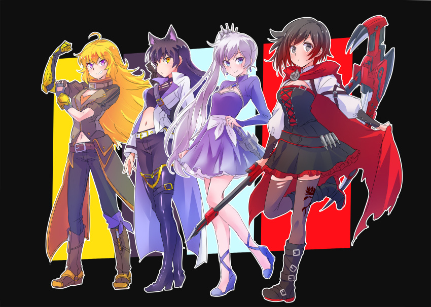 4girls :o ahoge animal_ears arm_ribbon belt black_background black_dress black_footwear black_hair black_legwear blake_belladonna blonde_hair blue_eyes breasts brown_jacket cape cape_hold cat_ears cloak closed_mouth coattails commentary_request corset crescent_rose cropped_jacket dress earrings ember_celica_(rwby) extra_ears eyebrows_visible_through_hair flexing floral_print frilled_dress frills gambol_shroud gradient_hair grey_eyes hand_on_hilt high_collar high_heels highres holding holding_scythe holding_weapon hood hooded_cloak iesupa jacket jewelry large_breasts long_hair long_sleeves looking_at_viewer midriff multicolored_hair multiple_girls myrtenaster navel necklace pendant pose prosthesis prosthetic_arm red_cape redhead ribbon rose_print ruby_rose rwby scar scar_across_eye scythe short_hair side_ponytail smile smirk standing standing_on_one_leg thigh-highs tiara two-tone_hair violet_eyes wavy_hair weapon weiss_schnee white_hair yang_xiao_long yellow_eyes