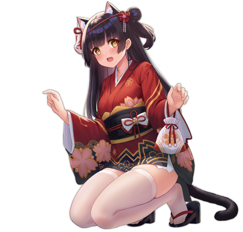 1girl allenes animal_ears azur_lane black_hair cat_ears cat_tail geta hair_bun hair_ornament hatsuharu_(azur_lane) highres japanese_clothes kimono kneeling long_hair looking_at_viewer official_alternate_costume official_art open_mouth tabi tail thigh-highs transparent_background white_legwear wide_sleeves yellow_eyes yukata yuugure_(azur_lane) yuugure_(shopping_at_the_festival)_(azur_lane)