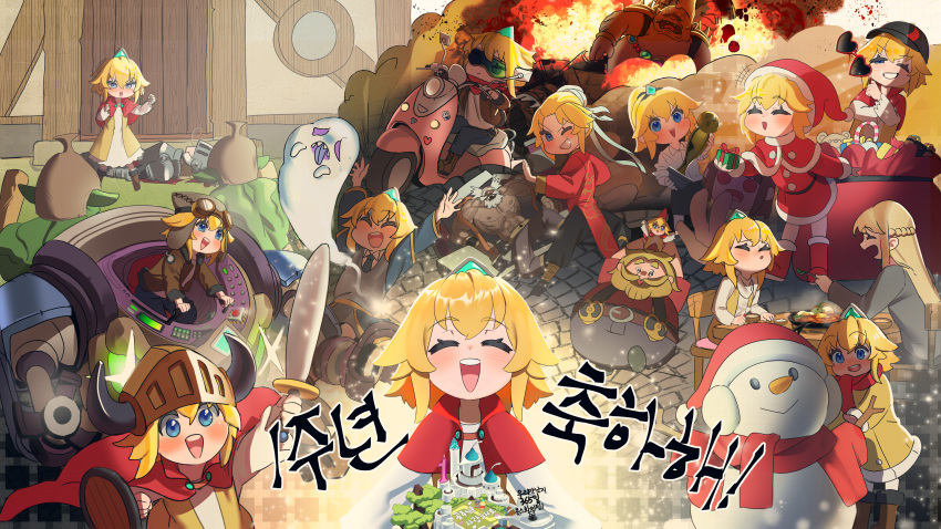 2girls absurdres blonde_hair blue_eyes christmas closed_eyes earmuffs eating explosion future_knight gift glasses ground_vehicle guardian_tales hair_ornament hands_up helmet highres holding holding_weapon huge_filesize jiki_(gkdlfnzo1245) little_princess_(guardian_tales) looking_at_viewer monster motor_vehicle motorcycle multiple_girls multiple_persona multiple_views open_mouth red_scarf robot santa_hat scarf short_hair smile snowman weapon