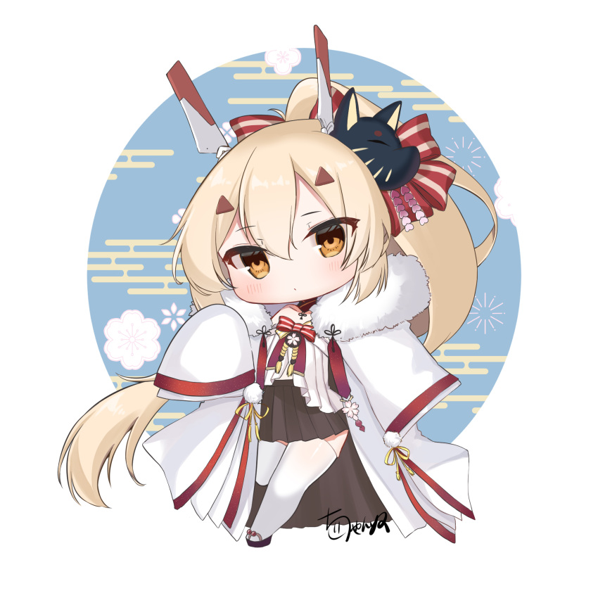 1girl ayanami_(azur_lane) ayanami_(pulse_of_the_new_year)_(azur_lane) azur_lane bangs black_skirt chan'nu chibi choker commentary_request eyebrows_visible_through_hair fox_mask full_body fur_trim hair_ornament hairclip headgear highres japanese_clothes light_brown_hair long_hair looking_at_viewer mask mask_on_head orange_eyes pleated_skirt ponytail retrofit_(azur_lane) sidelocks simple_background skirt solo standing standing_on_one_leg thigh-highs white_background wide_sleeves zettai_ryouiki