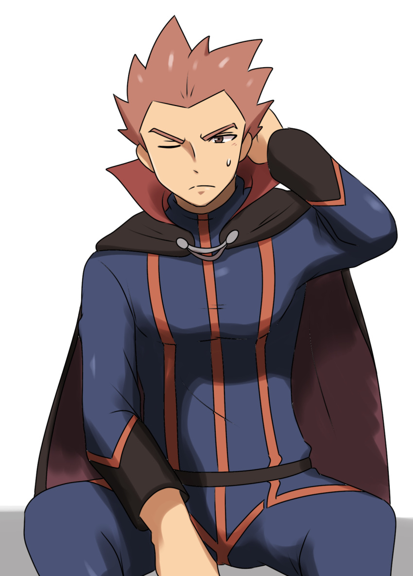 1boy arm_behind_head black_cape blue_jacket blue_pants brown_eyes cape closed_mouth commentary_request frown highres jacket lance_(pokemon) light_blush long_sleeves male_focus one_eye_closed pants pectorals pokemon pokemon_(game) pokemon_hgss popped_collar saon101 sitting solo spiky_hair spread_legs sweatdrop white_background