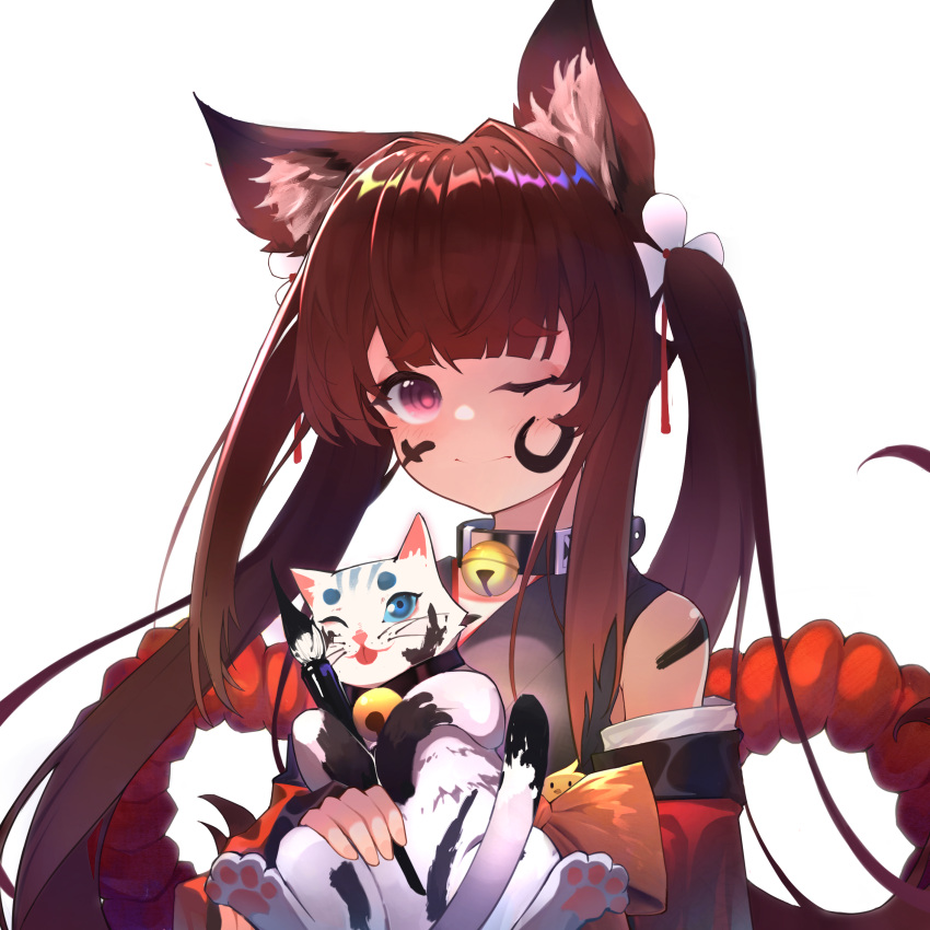 1girl 3: absurdres amagi-chan_(azur_lane) animal_ears azur_lane bangs bell blunt_bangs brown_hair calligraphy_brush cat collar commentary_request eyebrows_visible_through_hair fox_ears highres ink long_hair long_sleeves looking_at_viewer manjuu_(azur_lane) neck_bell off-shoulder_kimono one_eye_closed paintbrush rope shimenawa sidelocks thick_eyebrows twintails violet_eyes white_background wide_sleeves yuking