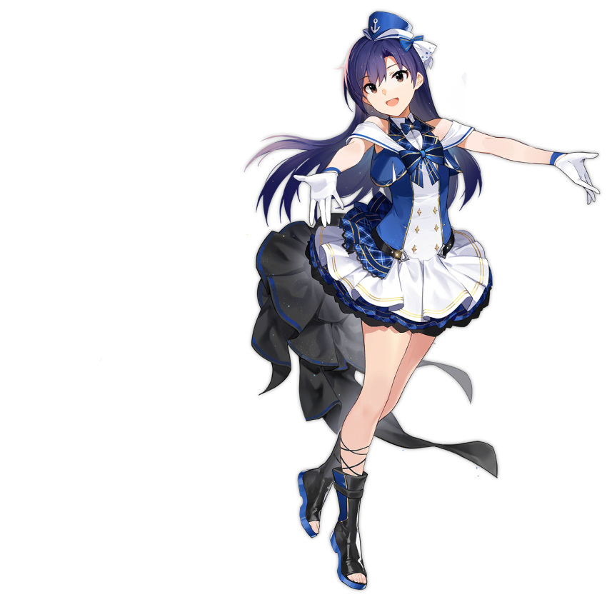 1girl artist_request azur_lane bare_shoulders blue_headwear boots dress female full_body gloves hat highres idolmaster idolmaster_(classic) kisaragi_chihaya long_hair looking_at_viewer no_socks official_art open_arms open_mouth purple_hair ribbon simple_background solo standing toeless_footwear transparent_background white_gloves