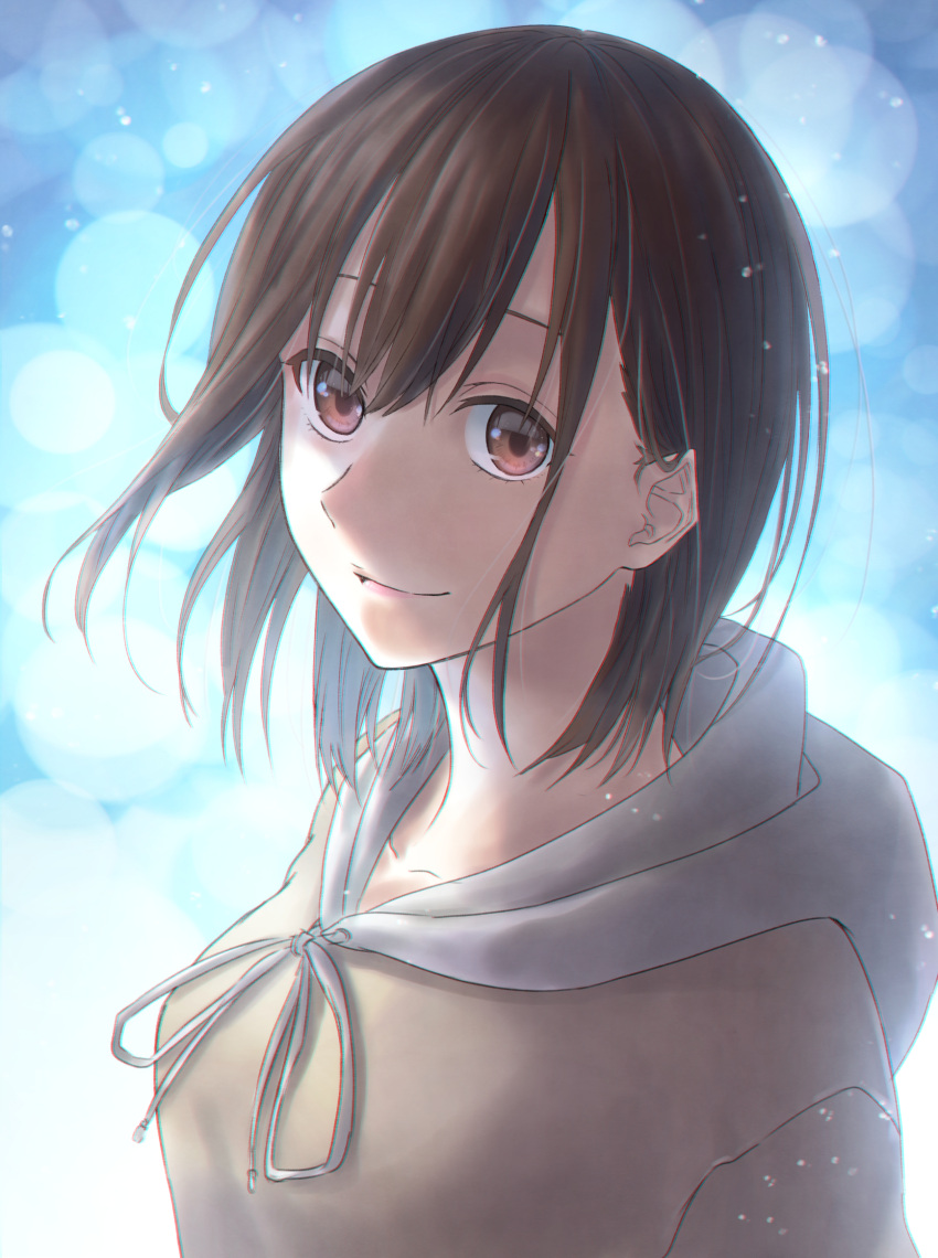 1girl ao_no_hako_(wsj) bangs blue_background brown_eyes brown_hair highres kano_chinatsu looking_at_viewer medium_hair mitarashi_(5333069) smile solo upper_body