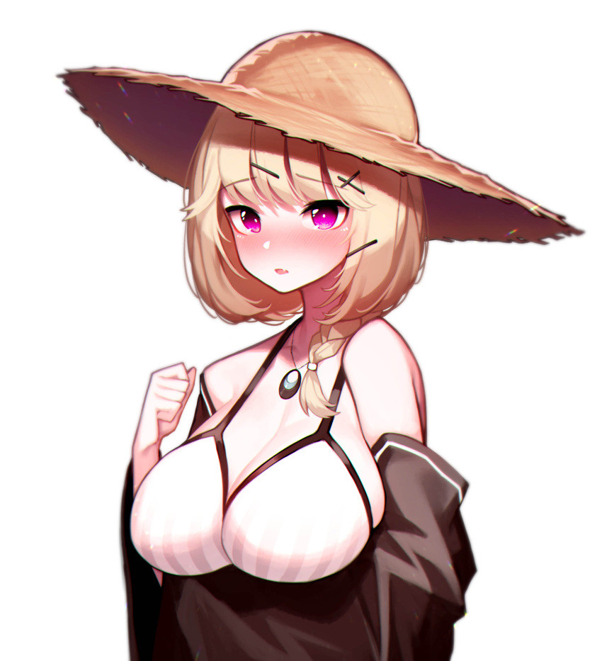 1girl absurdres animal_ear_fluff animal_ears arknights arm_under_breasts bare_shoulders beudelb bikini black_jacket blush breasts clenched_hand commentary fang grey_bikini hat highres jacket jewelry korean_commentary large_breasts light_brown_hair long_hair looking_at_viewer necklace off_shoulder official_alternate_costume open_clothes open_jacket open_mouth simple_background skin_fang solo straw_hat striped striped_bikini swimsuit upper_body utage_(arknights) utage_(summer_flowers)_(arknights) violet_eyes
