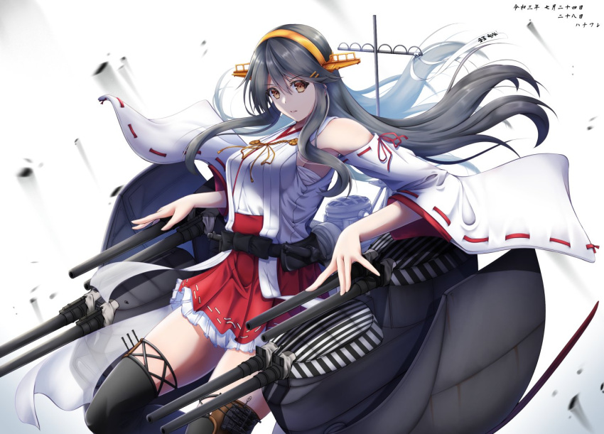 1girl black_hair boots cannon commentary_request cowboy_shot dazzle_paint detached_sleeves frilled_skirt frills hachiware_(8ware63) hair_ornament hairband hairclip haruna_(kancolle) headgear japanese_clothes kantai_collection long_hair machinery ribbon-trimmed_sleeves ribbon_trim simple_background skirt solo thigh-highs thigh_boots translation_request turret white_background