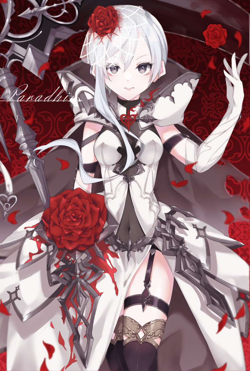 1girl armor armored_dress boots cape clothing_cutout elbow_gloves expressionless eyebrows_visible_through_hair flower gloves grey_eyes hair_flower hair_ornament highres holding holding_scythe hood hood_down legband looking_at_viewer mi_mu navel_cutout petals red_flower red_rose rose scythe sidelocks sinoalice snow_white_(sinoalice) solo thigh-highs thigh_boots torn_cape torn_clothes veil white_gloves white_hair