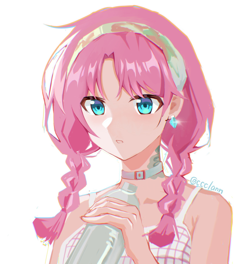 1girl arknights blue_eyes blue_poison_(arknights) blue_poison_(shoal_beat)_(arknights) bottle braid ccclann choker commentary_request earrings english_commentary hairband hand_up highres holding jewelry long_hair looking_at_viewer mixed-language_commentary official_alternate_costume parted_lips pink_hair simple_background solo spaghetti_strap sports_bra twin_braids twitter_username upper_body water_bottle white_background white_sports_bra