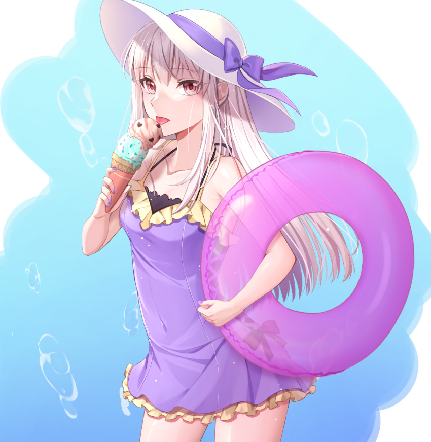 1girl ayuri-0420 bangs blue_background bow breasts collarbone covered_navel cowboy_shot dress fire_emblem fire_emblem:_three_houses floating_hair food hair_between_eyes hat hat_bow hat_ribbon holding holding_food ice_cream innertube long_hair lysithea_von_ordelia pink_eyes purple_bow purple_dress purple_ribbon ribbon shiny shiny_skin short_dress silver_hair sleeveless sleeveless_dress small_breasts solo standing straight_hair sun_hat tongue tongue_out transparent very_long_hair white_headwear