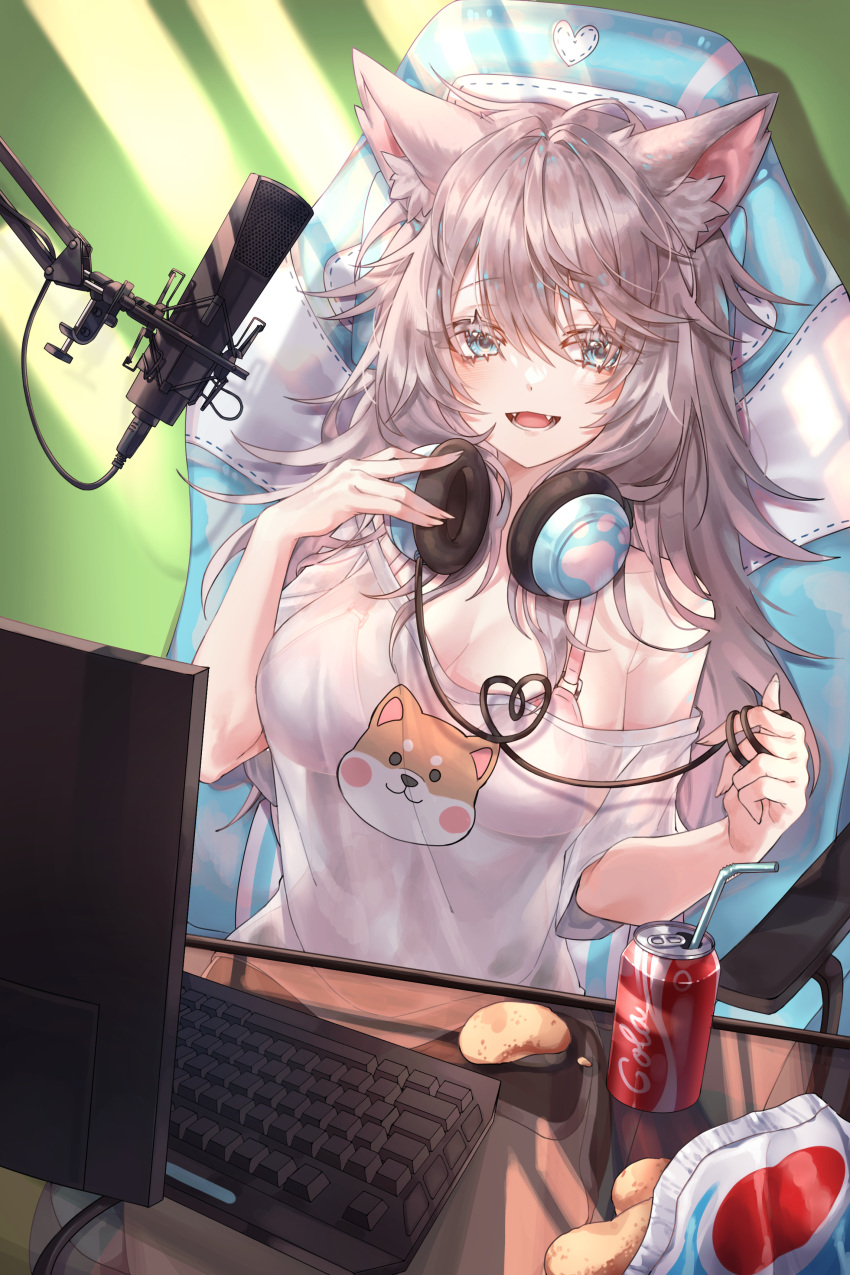 1girl absurdres animal_ear_fluff animal_ears bangs blue_eyes blush bra breasts can chair commentary_request drinking_straw eyebrows_visible_through_hair fangs food gaming_chair hair_between_eyes headphones headphones_around_neck highres indoors keyboard_(computer) kithera korean_commentary large_breasts long_hair looking_at_viewer microphone monitor off_shoulder on_chair open_mouth original pink_bra shirt short_sleeves silver_hair sitting soda_can solo underwear white_shirt