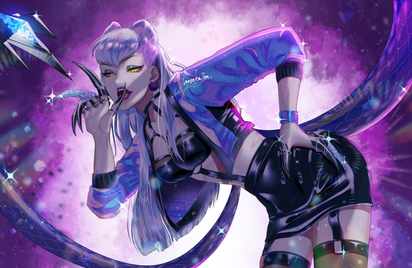 claws cropped_jacket demon_girl evelynn_(league_of_legends) garter_straps highres jacket jewelry league_of_legends long_hair looking_at_viewer open_clothes sayakajou shiny shiny_clothes silver_hair skirt the_baddest_evelynn thigh-highs tongue tongue_out yellow_eyes
