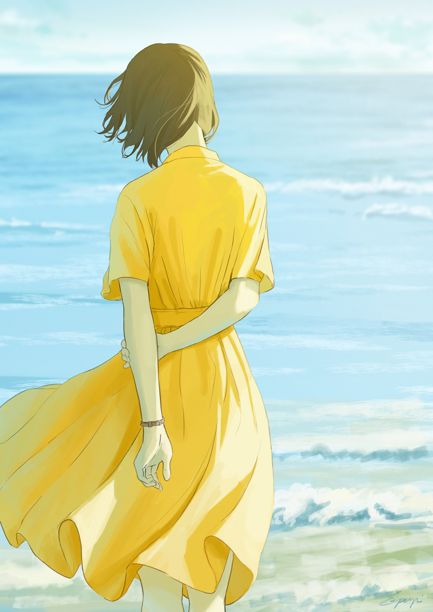 1girl arms_behind_back beach brown_hair clouds dress from_behind highres horizon ocean original outdoors papi_(papiron100) short_hair signature sky solo watch watch water waves wind yellow_dress