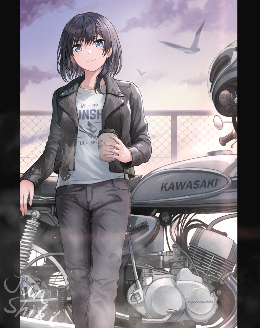 1girl artist_name asymmetrical_hair bangs bird black_hair black_pants blue_eyes chain-link_fence cup denim disposable_cup english_text feet_out_of_frame fence ground_vehicle helmet highres holding holding_cup jacket jeans junshiki kawasaki leaning_on_object leather leather_jacket medium_hair motor_vehicle motorcycle original pants shirt solo white_shirt
