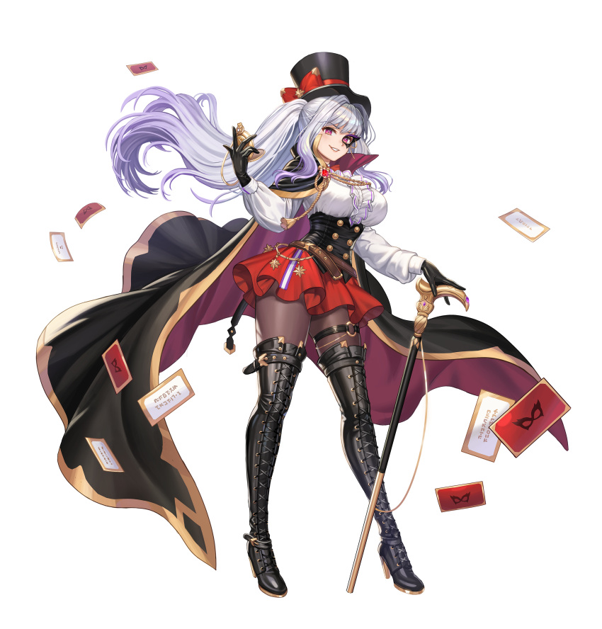 1girl absurdres bangs belt black_gloves black_headwear boots bustier cane cape card eyebrows_visible_through_hair full_body game_cg gloves grin guardian_tales hat high_heel_boots high_heels highres holding long_hair looking_at_viewer monocle multicolored_hair official_art pocket_watch pumps red_eyes red_skirt skirt smile standing thigh-highs thigh_boots transparent_background trickster_lucy watch