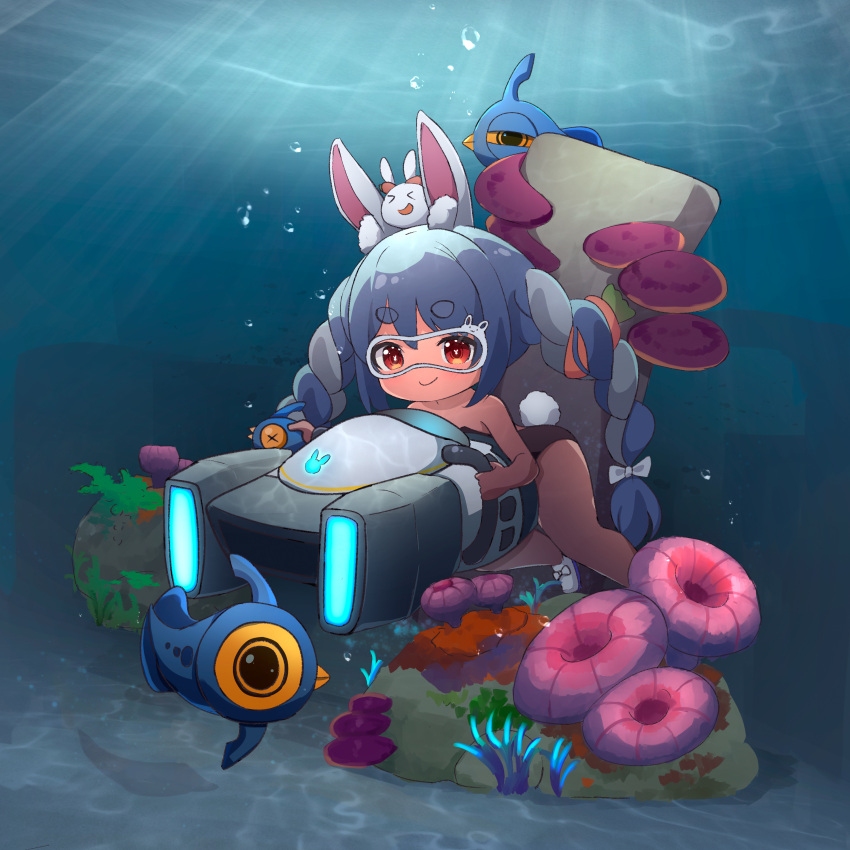 1girl absurdres air_bubble ame. animal_ear_fluff animal_ears bangs bare_shoulders barefoot black_swimsuit blue_hair blush bow braid bubble carrot_hair_ornament closed_mouth commentary_request eyebrows_visible_through_hair food-themed_hair_ornament goggles hair_between_eyes hair_bow hair_ornament highres holding hololive long_hair looking_at_viewer multicolored_hair one-piece_swimsuit rabbit_ears rabbit_girl rabbit_tail red_eyes shoes short_eyebrows simple_background smile solo subnautica swimsuit tail thick_eyebrows twin_braids twintails two-tone_hair underwater usada_pekora very_long_hair virtual_youtuber white_background white_footwear white_hair x_x