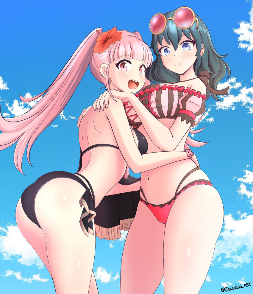 2girls absurdres ass back bangs beach bikini black_bikini breasts byleth_(fire_emblem) byleth_eisner_(female) clouds commission day english_commentary eyebrows_visible_through_hair eyewear_on_head fire_emblem fire_emblem:_three_houses fire_emblem_heroes green_eyes green_hair hands_on_another's_shoulders highres hilda_valentine_goneril hug jarckius_art large_breasts leaning_forward long_hair looking_at_viewer multiple_girls ocean open_mouth outdoors pink_bikini pink_eyes pink_hair smile standing sunglasses swimsuit twintails twitter_username
