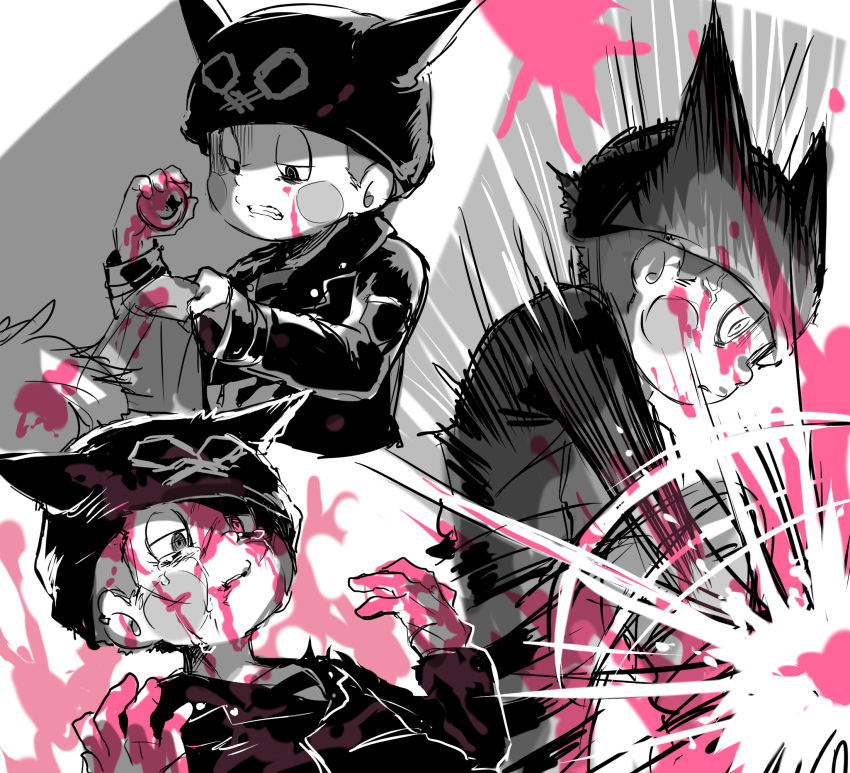 1boy ball bangs blood blood_on_face blush_stickers clenched_teeth commentary_request dangan_ronpa_(series) dangan_ronpa_v3:_killing_harmony fang grey_background hands_up hat highres holding hoshi_ryouma jacket looking_at_viewer male_focus multiple_views pink_blood spot_color suurin_(ksyaro) teeth