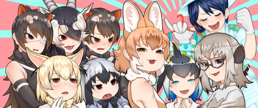 6+girls animal_ears antelope_ears antelope_horns aqua_eyes australian_devil_(kemono_friends) bangs bare_shoulders behind_another black_hair blackbuck_(kemono_friends) blonde_hair blowhole blue_hair bow bowtie brown_eyes brown_hair burikarun captain_(kemono_friends) commentary_request common_dolphin_(kemono_friends) common_raccoon_(kemono_friends) d: detached_sleeves dhole dog_ears dorsal_fin extra_ears eyebrows_visible_through_hair eyepatch eyes_visible_through_hair fennec_(kemono_friends) fins fist_pump fox_ears furrowed_brow glasses gloves grey_hair hair_between_eyes hair_over_one_eye half-closed_eyes head_fins highres holding holding_clothes kemono_friends kemono_friends_3 lipstick long_hair looking_at_another looking_at_viewer makeup medical_eyepatch medium_hair meerkat_(kemono_friends) meerkat_ears multicolored_hair multiple_girls one_eye_covered open_mouth own_hands_together parted_bangs pinky_out purple_lips raccoon_ears red_eyes shirt sidelocks sleeveless sleeveless_shirt sweatdrop sweater swept_bangs tasmanian_devil_(kemono_friends) tasmanian_devil_ears tearing_up two-tone_hair upper_body v-shaped_eyebrows